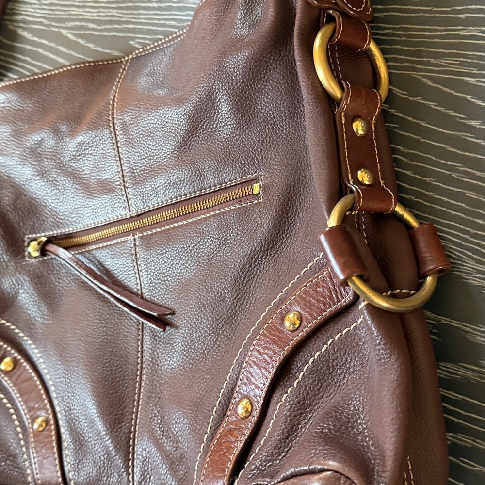 LUCE Chocolate Brown Hobo Slouch Genuine Leather Purse Gold Hardware - Picture 4 of 15